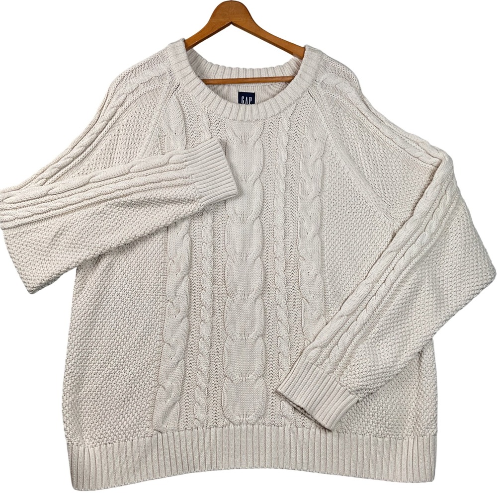 Gap Cable Knit Sweater Womens XL‎ Cream Chino Excellent Cotton Raglan Crew Neck
